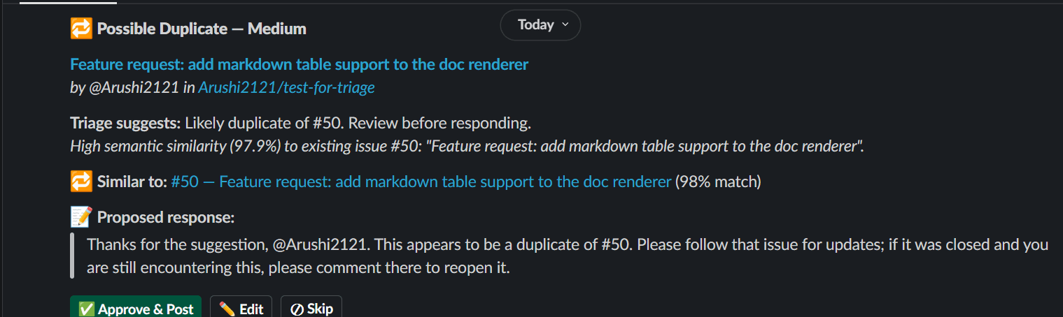 Slack card flagging a potential duplicate with linked source issue