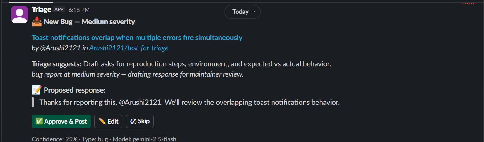 Triage Slack card showing classified bug with drafted response and Approve/Edit/Skip buttons