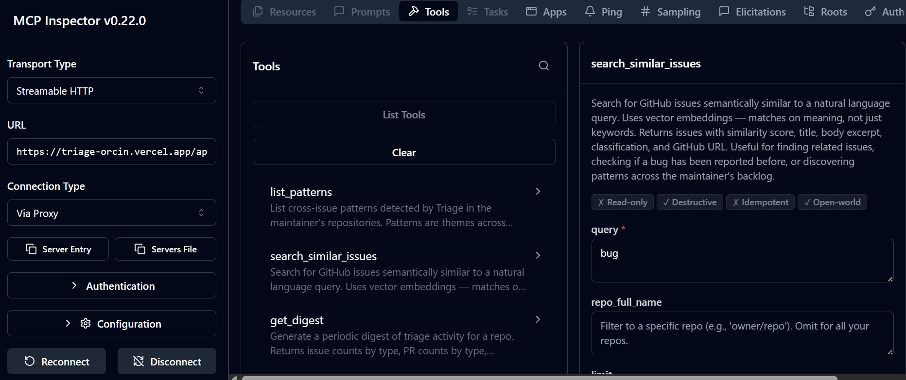 MCP Inspector showing three registered tools